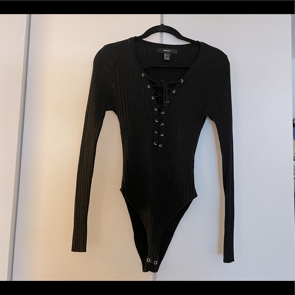 Forever 21 Black Lace Up Long Sleeve Bodysuit L